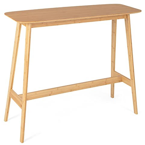 Table de bar moderne en bambou avec repose-pieds et repose-pieds, 120 x 45 x 99 cm, table haute rectangulaire, table haute pour petit déjeuner, table basse pour petit espace, cuisine, salon, pub