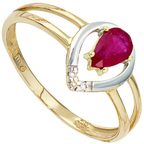 Schmuck Krone Damenring Ring mit Rubin & 3 Diamanten Brillanten 585 Gold Gelbgold Goldring, Ringgröße:Innenumfang 60mm ~ Ø19.1mm