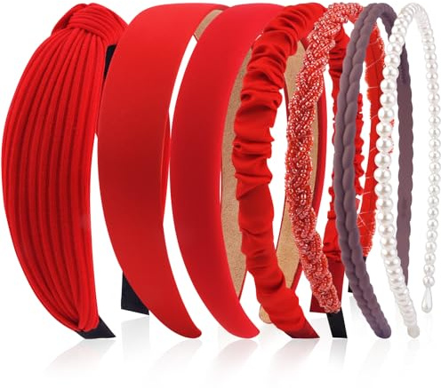 VELSCRUN Headbands for Women 7 Pcs Different Red Knotted Solid Pearl Head Bands Non Slip Hair Band for Womens Gilrs Thin Thick Short Hair Fashion Accessories