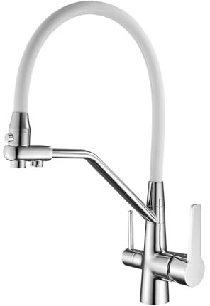 Zeffrary Grifo de cocina con caño flexible, pulverizador 3 en 1 con doble función para filtro de agua y fregadero con 2 tipos de chorro, color blanco