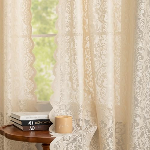 Aligogo, beige transparente Spitzenvorhänge, 213 cm lang, 2 Paneele, Boho-Chic, Blumenmuster, Landhausstil mit geschwungenem Abschluss, leicht, für Privatsphäre und neutrale Deko, 132 x 213 cm
