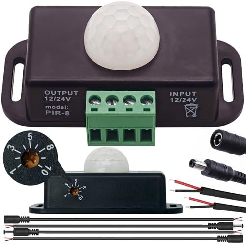 CTRICALVER 24/ 12v pir sensor external, pir sensor pir motion sensor pir light switch Adjustable from 1-10 min +55CM two pairs of DC male and female wires