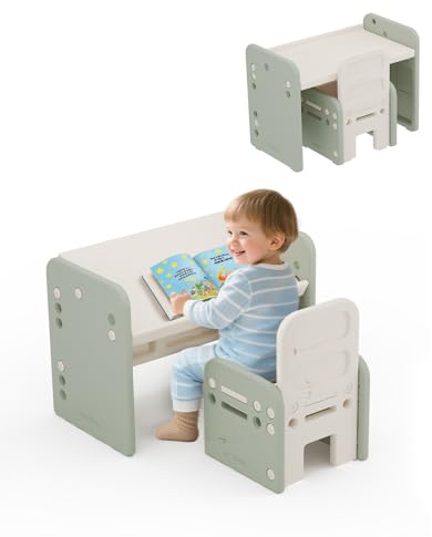 hoopyosms Kindertisch und Stuhl Set für Kinder, Aktivitätstisch mit Geneigter Tischplatte zum Malen, Lesen, Schreiben und Spielen(Grün)