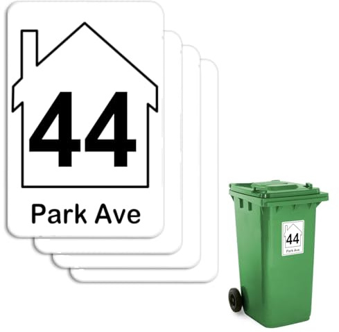 4 x Customised Wheelie Bin Number and Address Stickers Self Adhesive with Personalised House Number and Street or Road Name Waterproof and Weatherproof Custom Bin Sticker 10x15cm House Shape Theme