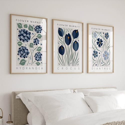 TROYSINC 3er Poster Set Wandbild Bilder – Nordische Flower Market Blumenposter, Ungefähmtes Leinwandbild mit Hortensie, Krokus und Nelke für Wohnzimmer & Schlafzimmer (D, 50x70cm)