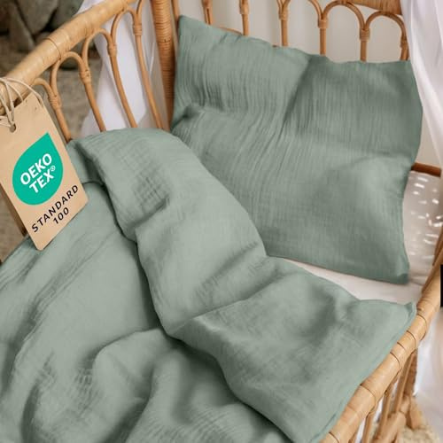 Dreamzie - Funda nordica 80x80 cm Con Funda de Almohada 35x40 cm | Ropa de Cuna en Muselina de algodón certificada Oeko-Tex · Color Gris Azulado