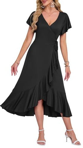 AUSELILY Summer Dresses for Women UK Midi Wrap Short Sleeve Dress Black