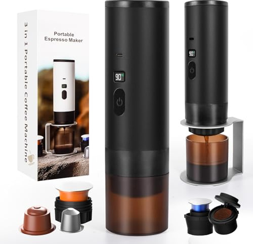LAMA Tragbare Kaffeemaschine Elektrische Espressomaschine mit Kaffee Tropfständer Mini Kapselmaschine, Kompatible mit Kaffeekapseln & Kaffeepulver, Sofortiges Aufwärmen für Camping Auto Reise, Schwarz