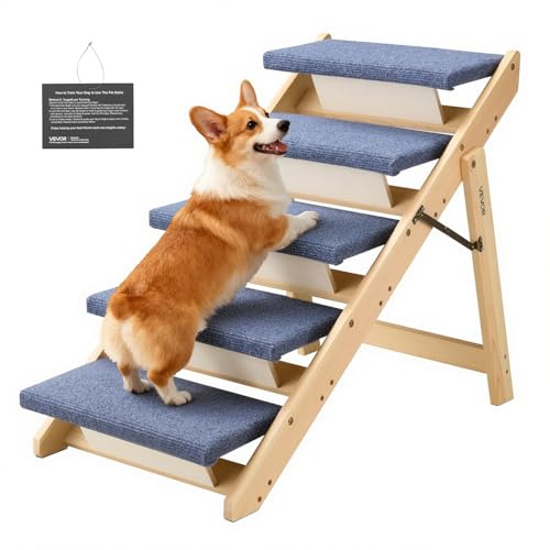VEVOR Escalera de Madera para Mascotas, 5 Peldaños para Camas, Sofás y Coches, Carga de 68 kg, Diseño Plano y Plegable, Estable y Resistente, para Perros y Gatos Pequeños, Medianos y Grandes