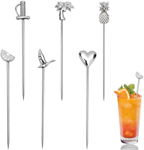 Yicelerate Palillos De Cóctel Acero Inoxidable,Palillos para Aperitivos,6Piezas Verano1,Decoración para Cócteles,Brochetas De Reutilizables para Sándwiche Aceituna Pastel Postre Eventos De Fiesta