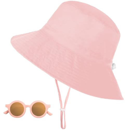 Shedoo Sonnenhut Kinder UV-Schutz UPF 50+, Breiter Krempe Nackenschutz Fischerhut Baby mit Sonnenbrille, Atmungsaktiv Bucket Hat mit Verstellbarem Kinnriemen, Strandhut für Junge, Mädchen