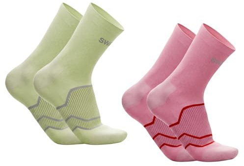 SWIFTER Anti-blister Performance Running Socks | 2 Pairs | Cushioned Support | Volt Yellow/Crimson Pink | UK 4-8