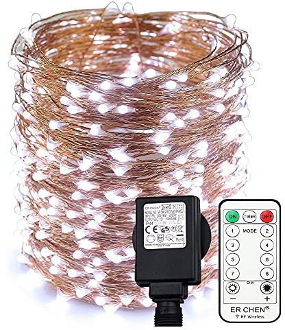 Erchen Strom-betrieben LED Lichterkette, 165 FT 500 LED 50M Stecker dimmbare Kupfer Draht Lichterketten mit 12V DC Adapter Fernbedienung für Innen Außen Weihnachten Party (Weiß)