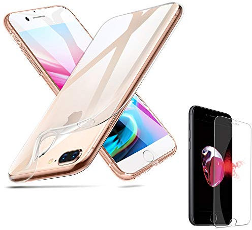 1x Handyhülle + 1x Panzerglas für Apple iPhone 7 Plus/iPhone 8 Plus Transparent Ultradünn 1,0mm TPU-Case Schutzhülle Durchsichtig Weich Kristallklar (Gratis-Versand)
