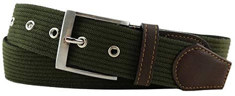 TigerTie hochwertiger Stoffgürtel mit Edelstahl Schnalle und echt Leder Applikationen in grün olivgrün einfarbig. Gürtelbreite 40 mm, Bundweite 110 cm