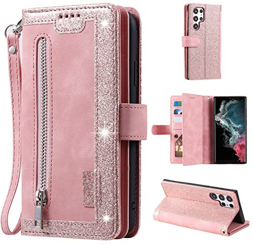 UEEBAI Wallet Case for Samsung Galaxy S22 Ultra 5G, Retro 9 Card Holder Slots Zipper Pocket Handbag Case PU Leather Magnetic Closure Kickstand with Wrist Strap TPU Shockproof Flip Case - Rose Gold