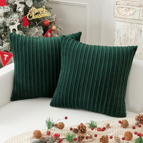 Kevin Textile Solid Plush Cord Striped 40x16 Throw Pillow Covers Set of 2 Cushion Covers Decorative for Living Room 40cmx40cm 16x16 Inch, Dark Green