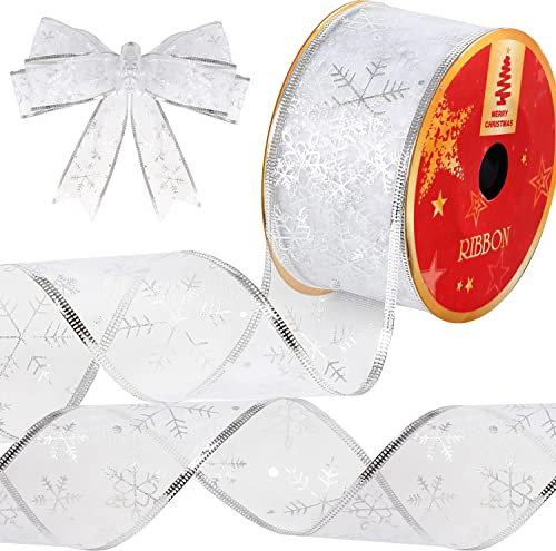 LOAVER 10 Yards 2.5inch Wired Christmas Tree Ribbon, Sheer Glitter Ribbon with Snowflakes for Xmas Tree Decoration Gift Wrapping Party Décor