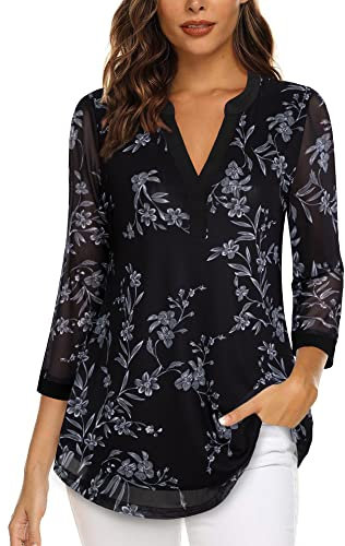 Vafoly Damen 3/4 Ärmel Tops und Blusen Frauen V-Ausschnitt Arbeitshemden Damen Tunika Tops Mode 2022 lockere Passform Elegante Lange Oberteile zum Tragen mit Leggings Multicolor Schwarz groß