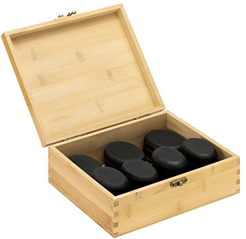 Navaris Pierres chaudes massage - Lot 6x pierre naturelle avec boîte en bois - Kit accessoire spa relaxation hammam salle de bain sauna