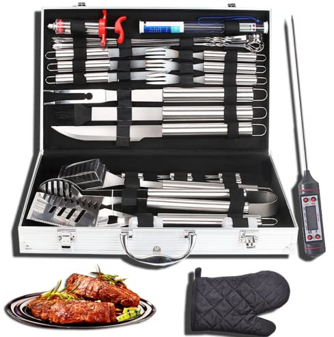 32pcs Grillzubehör Kit für Männer Frauen, Edelstahl Heavy Duty BBQ Werkzeuge mit Handschuh und Thermometer, Grill Utensilien Set im tragbaren Koffer für Outdoor, Camping, Hinterhof