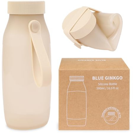 BLUE GINKGO Bouteille d’Eau Pliable – Gourde en Silicone Légère et Compacte pour Voyage, Randonnée et Camping (500ml, Fabriquée en Corée, Beige)