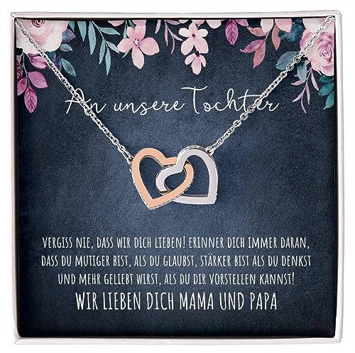 Geschenk für Tochter Herz Halskette Geschenke für Frauen Tochter Mädchen Kette mit personalisierter Karte und Geschenk- Box zum Geburtstag Hochzeit Weihnachten (Standard Box - Doppelherz)