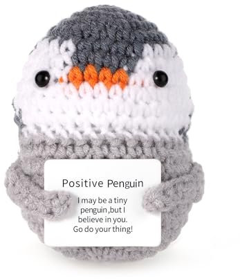 Lustiger Positiver Pinguin, 9cm Gestricktes Pinguin Spielzeug mit Positiver Karte Kreativ Niedlich Wolle Positive Pinguin Häkelpuppe zur Ermutigung von Freunden Party Dekoration