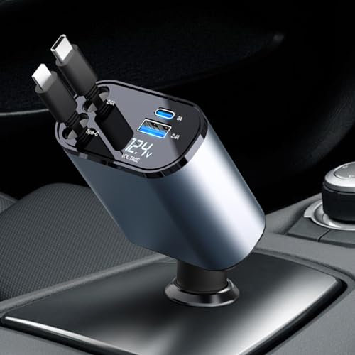 AXFEE Retractable 4 in 1 Fast Car Charger, 2 Port PD & QC 3.0 USB Charger with 2 Retractable Cables, Compatible with iPhone 15/14/13/12/11/iPad, Galaxy S23/S22, Google/Huawei Smartphones