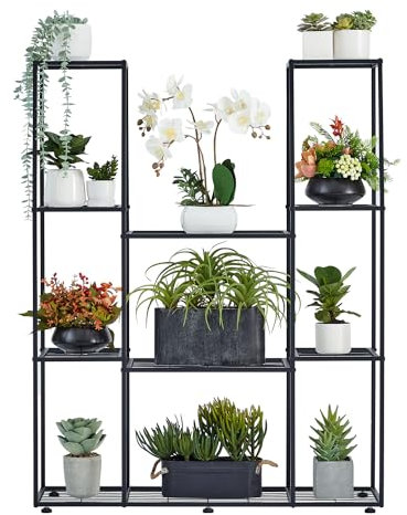HUSFITLY Plant Stand, 4 Tier 11 Pots Metal Flower Stand Indoor Outdoor, Waterproof Plant Shelves for Garden Balcony Yard Living Room, Black