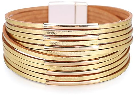 Rumnoke Leather Wrap Bracelets for Women Multilayer Wristband Braided Rope Cuff Bangle Glod