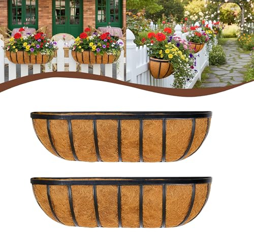 JFFLYIT 2 Stück 61 cm Geländer-Pflanzgefäß, Fensterkasten, Deckgeländer, Pflanzkästen mit Kokosauskleidung, englisches Pferd, Pflanzgefäß, Pflanzgefäß, Metall, Wandmontage, Pflanzkorb für