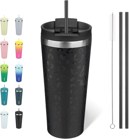 BJPKPK 650 ml Isolierter Edelstahl-Becher mit Deckel und Strohhalm – Wiederverwendbarer Thermobecher für Reise, Kaffee und Tee, Schwarzer Leopard
