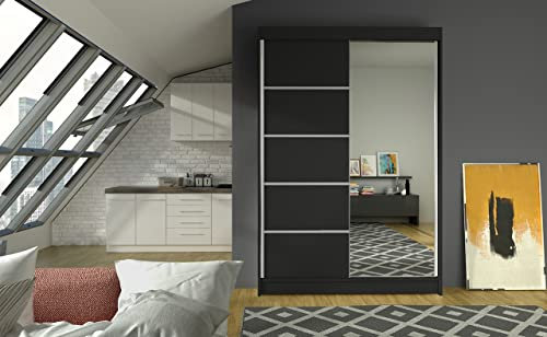 Easy Sofas and Wardrobes – Mirror Sliding 2 Door Modern Wardrobe without LED Lights Black 120 cm Hanging Rail & Shelves Storage Cabinet for Bedroom