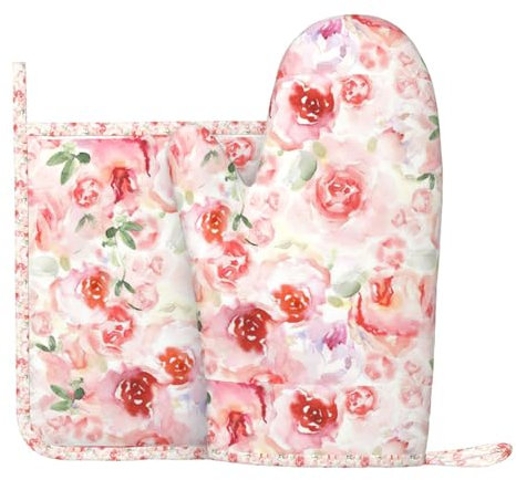 Wurton Juego de guantes de horno y soportes para ollas de 7 x 11 pulgadas, color pálido, mezcla de rosas desteñidas y lazo para colgar para cocina segura, cocinar y hornear