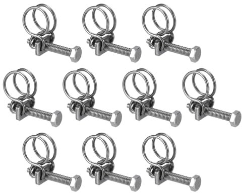 sourcing map 10Pcs Double Wire Hose Clamp, 13-16mm Adjustable Stainless Steel Wire Hose Clips with M6 Bolt for Dust Collection Hose, Pump Hose Pipe