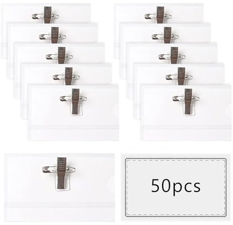 SCBOY 50 Stück Namensschilder Für Kleidung Mit Clip Und Anstecknadel PVC Transparent Ausweishülle Mit Blanko Einsteckschildern Für Visitenkarten Ausweis ID Kartenhalter (9 x 5.6cm)