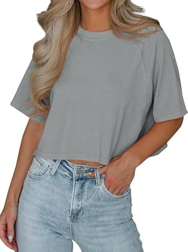 Imily Bela T-Shirt Damen Sommer Kurzarm Basic Crop Tops Casual Oversize Sport Oberteile(Grau,M)