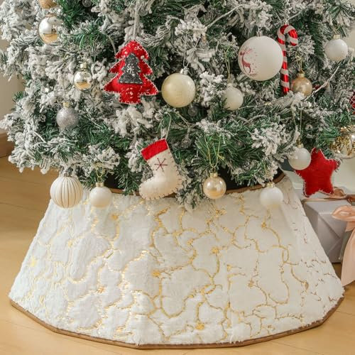 Lewondr Weihnachtsbaum Rock, 66CM Christbaumdecke Deko Baumkragen mit Marmormuster Heißprägung, Plüsch-Weihnachtsbaumdecke Faltbarer Weihnachtsbaumkragen für Weihnachtstag Zuhause Party, Weiß & Gold