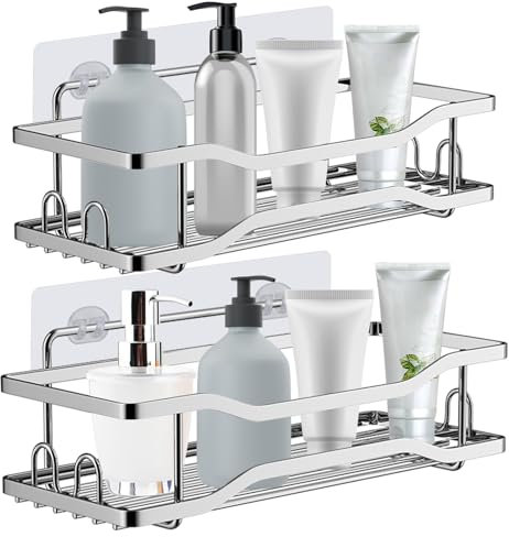 JABNOW 2 Piezas Estanterías de Baño Adhesivo Estantes Cesta para Ducha sin Taladro de Acero Inoxidable, Repisas Organizador para Baño o Cocina, Resistente al Agua y al Oxido -Plata