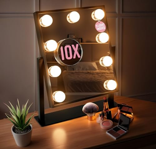 GloBrite Hollywood Makeup Mirror with 9 LED Bulbs - 3 Colour Light Modes & Adjustable Brightness, Touch Screen, 360° Rotation, Durable Metal Frame, No Assembly Needed, for Ladies - Black