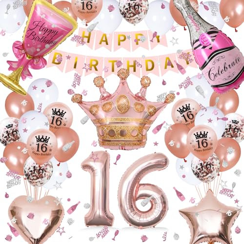 Waziwe Deko 16 Geburtstag Mädchen, 16. Geburtstagsballons in Verschiedenen Formen und Farben, Geburtstagsbanner und Tischdeko Machen Ihren Tag Unvergesslich