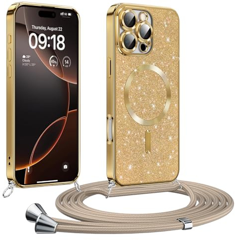 Phoona handyband Hülle für iPhone 16 Pro Max mit Band, Glitzer Handyhülle Kompatibel mit MagSafe, Ganzkörperschutz Kratzfeste Stossfest Schutzhülle mit Einstellbar Kette, Gold