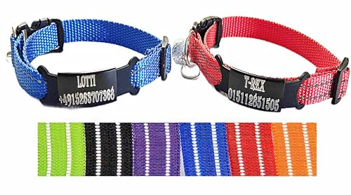 2X personalisiertes Katzenhalsband personalisiert mit Name graviert Katze Halsband reflektierend Leuchtend aus Nylon mit Glöckchen (Rot und Blau)