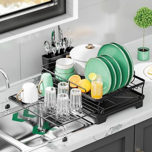 BTGGG Dish Rack Expandable Dish Drainer Rack with Swivel Drainage Spout, Black Sink Drainer Rack with Extra Expandable Drying Rack, Cutlery, Cup Holder for Kitchen