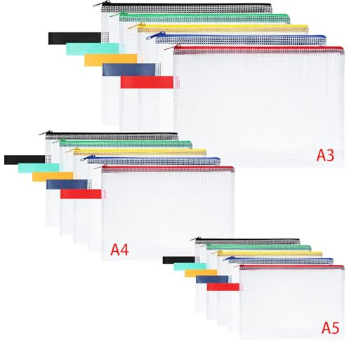 OFFCUP Dokumententasche A3+A4+A5, 15 Stück Datei Taschen mit Reißverschluss, Wasserdichte Mesh Kunststoff Reißverschlusstasche für Datei, Papier, Dokumente, Kosmetika, Hausaufgaben und Reisezubehör