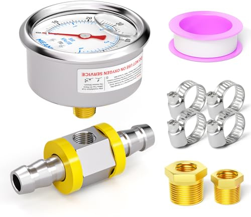 MEANLIN MEASURE 0~4BAR/60PSI Stainless Steel Glycerine Filled Fuel Pressure Gauge 1/8 Inch BSP 1.5 Inch Face Dial, with 3/8 Inch Fuel Line Pressure Adapter Liquid Filled Pressure Gauge (9 Pieces Kit