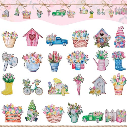 Keboyoe 24 Stück Frühling Blumen Aufhängen Frühlingsdeko Holz Bunt Frühling zum Aufhängen Hängedeko Holzanhänger Blumen Holz Anhänger Frühlingsblumen für Türen, Gärten, Höfen, Fenstern, Decken