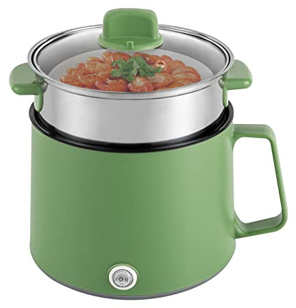 Mermajestic 1.7L Electric Hot Pot 300W/600W Mini Cooking Pot, portable microwave with Steamer and Stainless Steel Non-Stick Pot, Anti-Dry Burn Protection, for Apartments, Dorms, Camping (Green)
