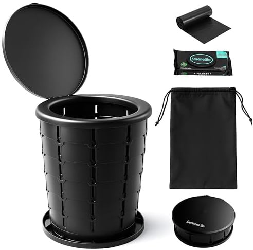 SereneLife Faltbarer Toilettensitz für Camping, verstellbare Höhe, tragbares Reisetöpfchen mit Deckel, Tragetasche, rutschfester Boden, 150 kg Kapazität + 3er-Pack spülbare Tücher, für Auto, Wandern